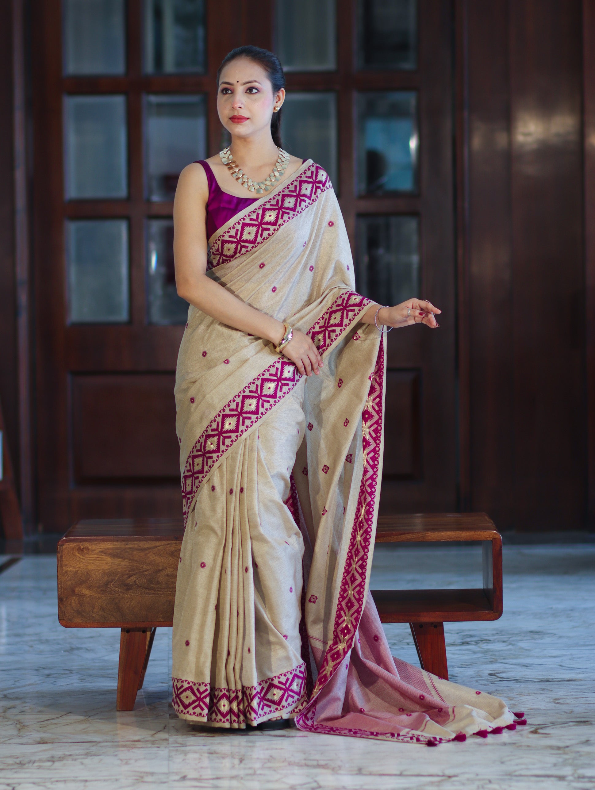 Banarasee Handwoven Semi-Tussar Saree With Resham Work & Geometric Border-Beige & Magenta