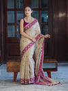 Banarasee Handwoven Semi-Tussar Saree With Resham Work & Geometric Border-Beige & Magenta