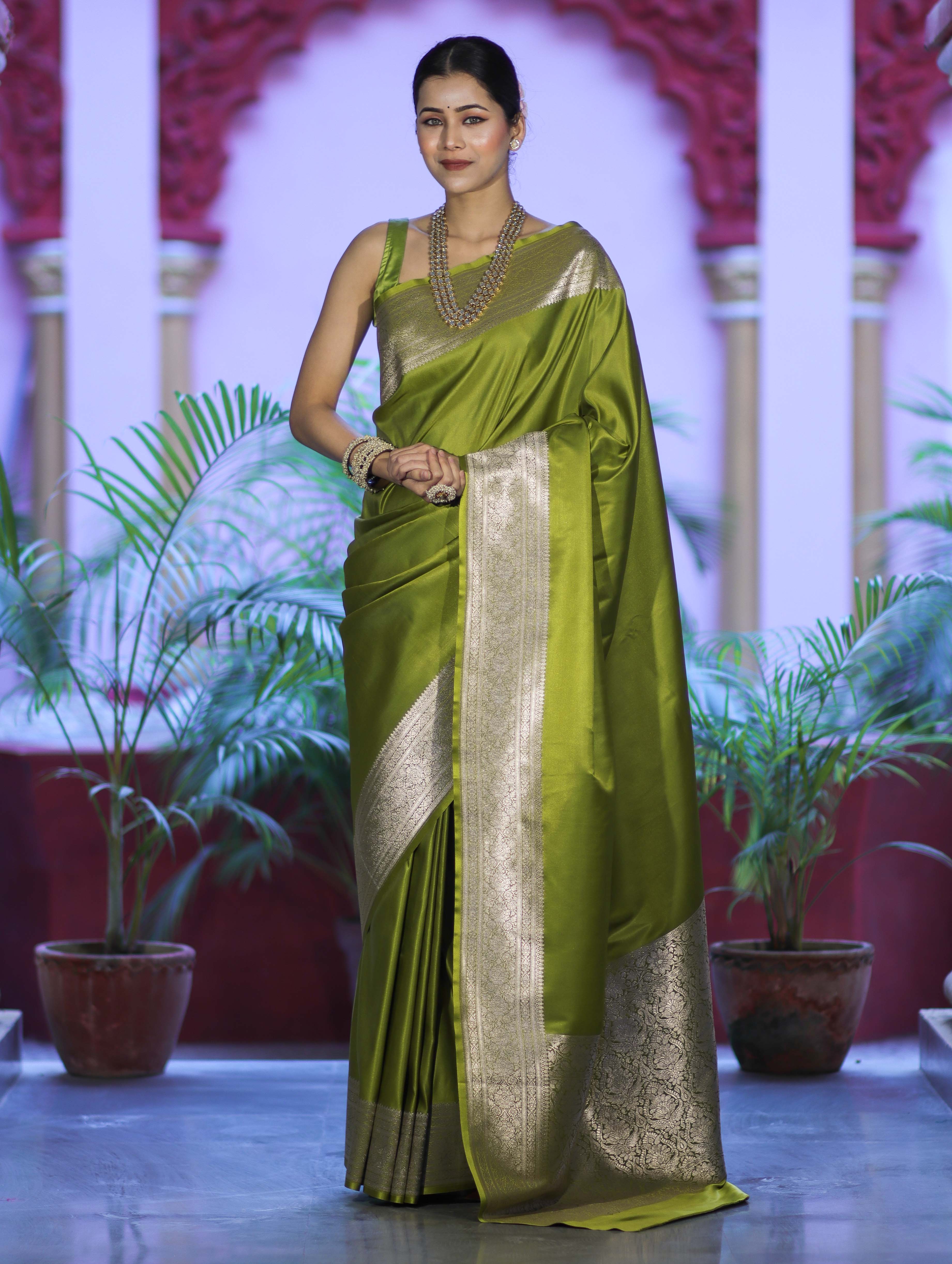 Banarasee Handwoven Plain Semi Katan Saree With Broad Zari Border-Lime Green