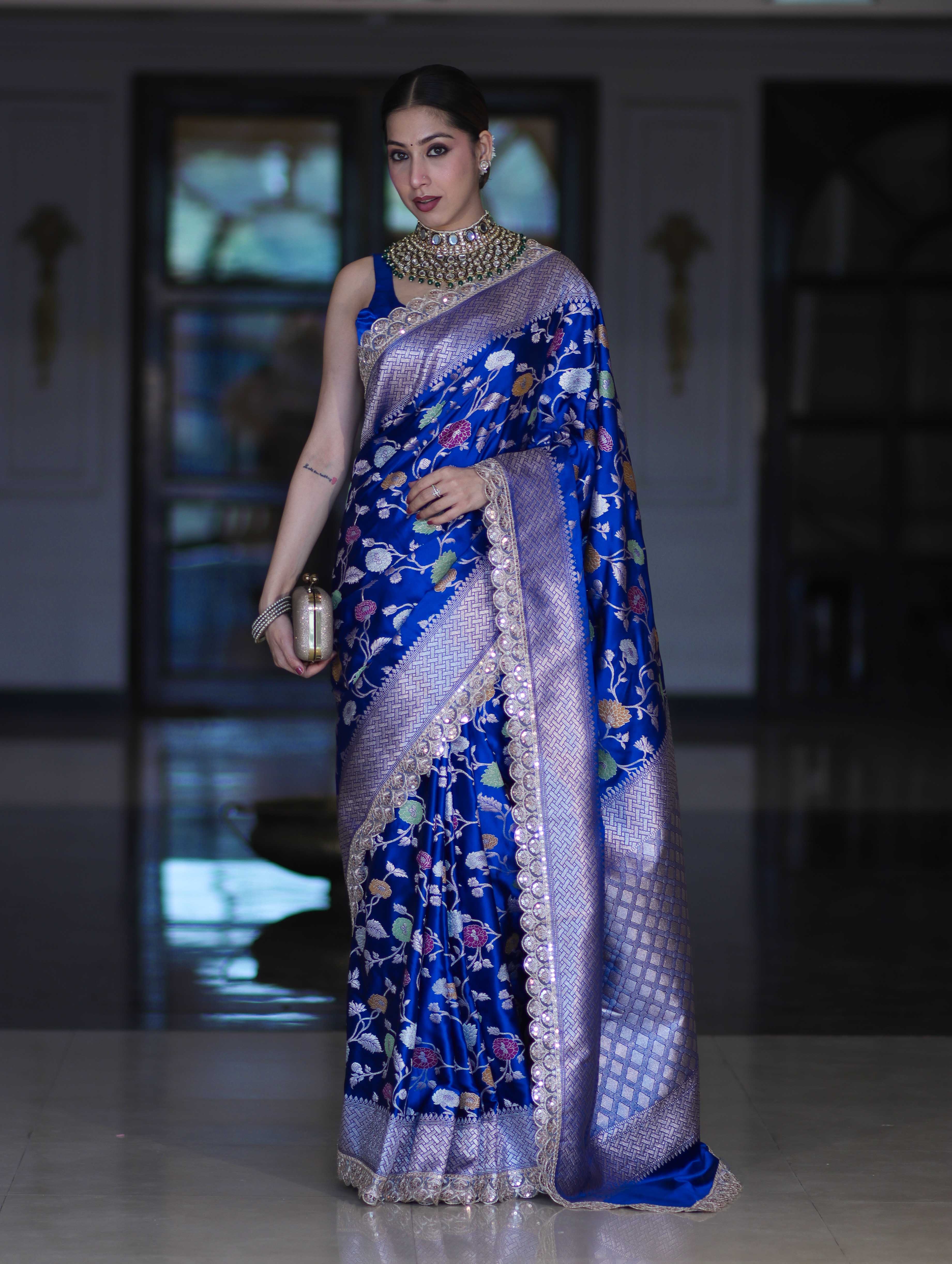 Banarasee Handloom Mashru Silk Saree With Jaal Design & Lace Border-Deep Blue
