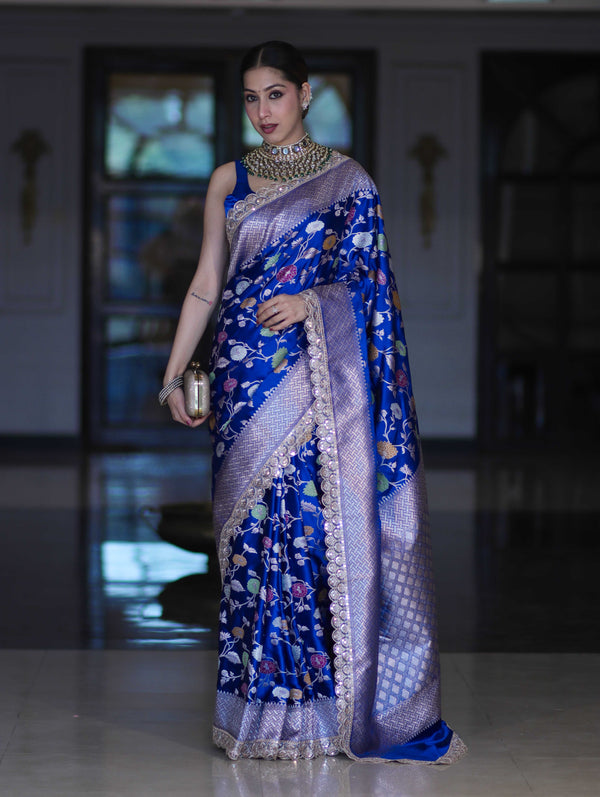 Banarasee Handloom Mashru Silk Saree With Jaal Design & Lace Border-Deep Blue