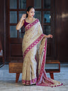 Banarasee Handwoven Semi-Tussar Saree With Resham Work & Geometric Border-Beige & Magenta