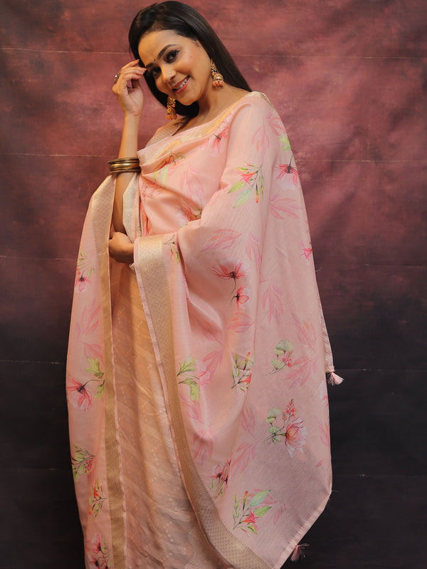 Banarasee Chanderi Cotton Resham Buti Salwar Kameez Fabric With Digital Print Dupatta-Peach
