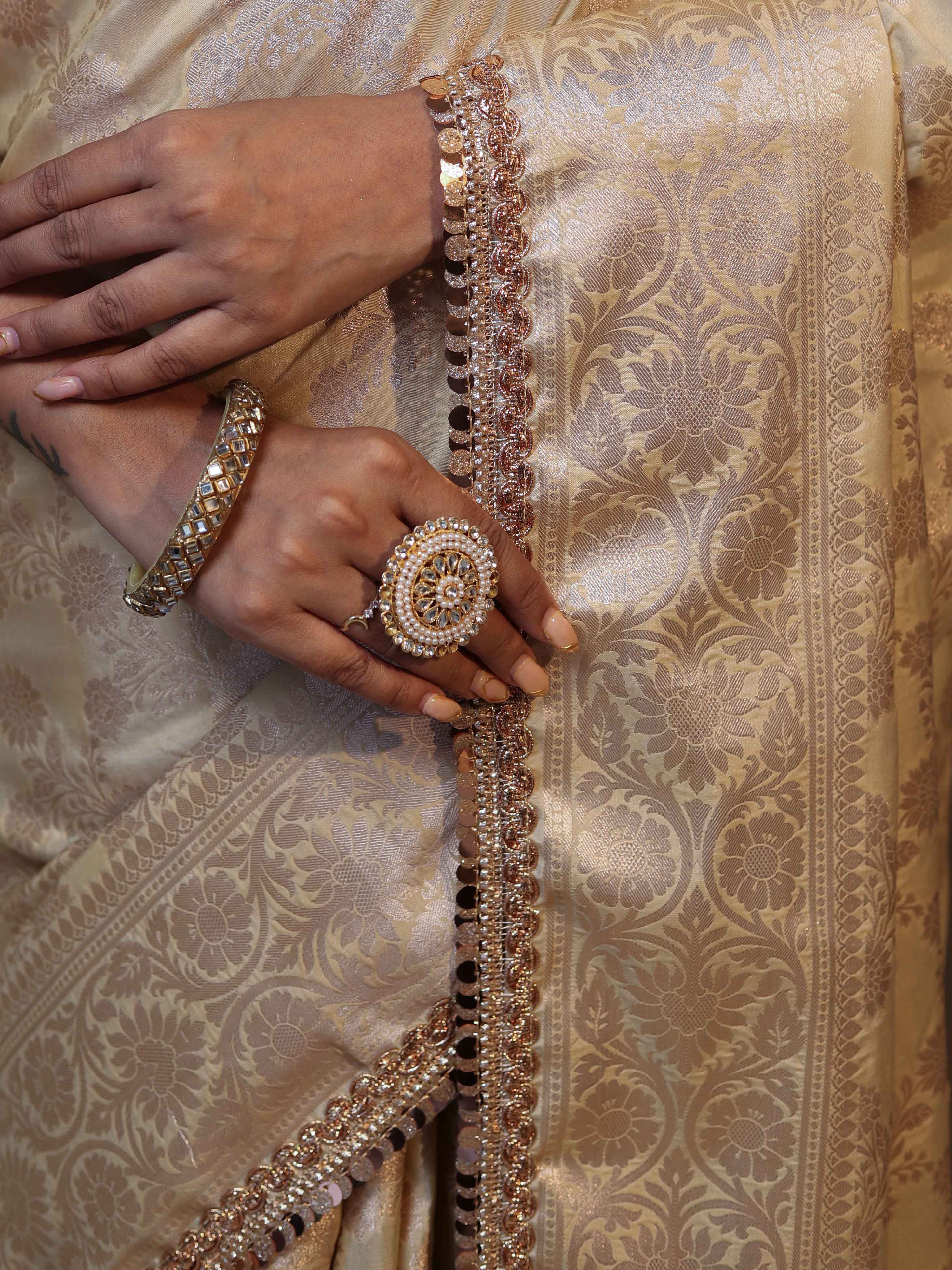 Banarasee Handwoven Semi Silk Saree With Zari Jaal Design & Lace-Beige