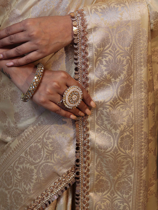 Banarasee Handwoven Semi Silk Saree With Zari Jaal Design & Lace-Beige