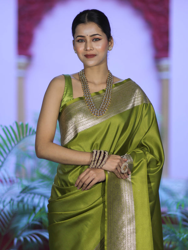Banarasee Handwoven Plain Semi Katan Saree With Broad Zari Border-Lime Green