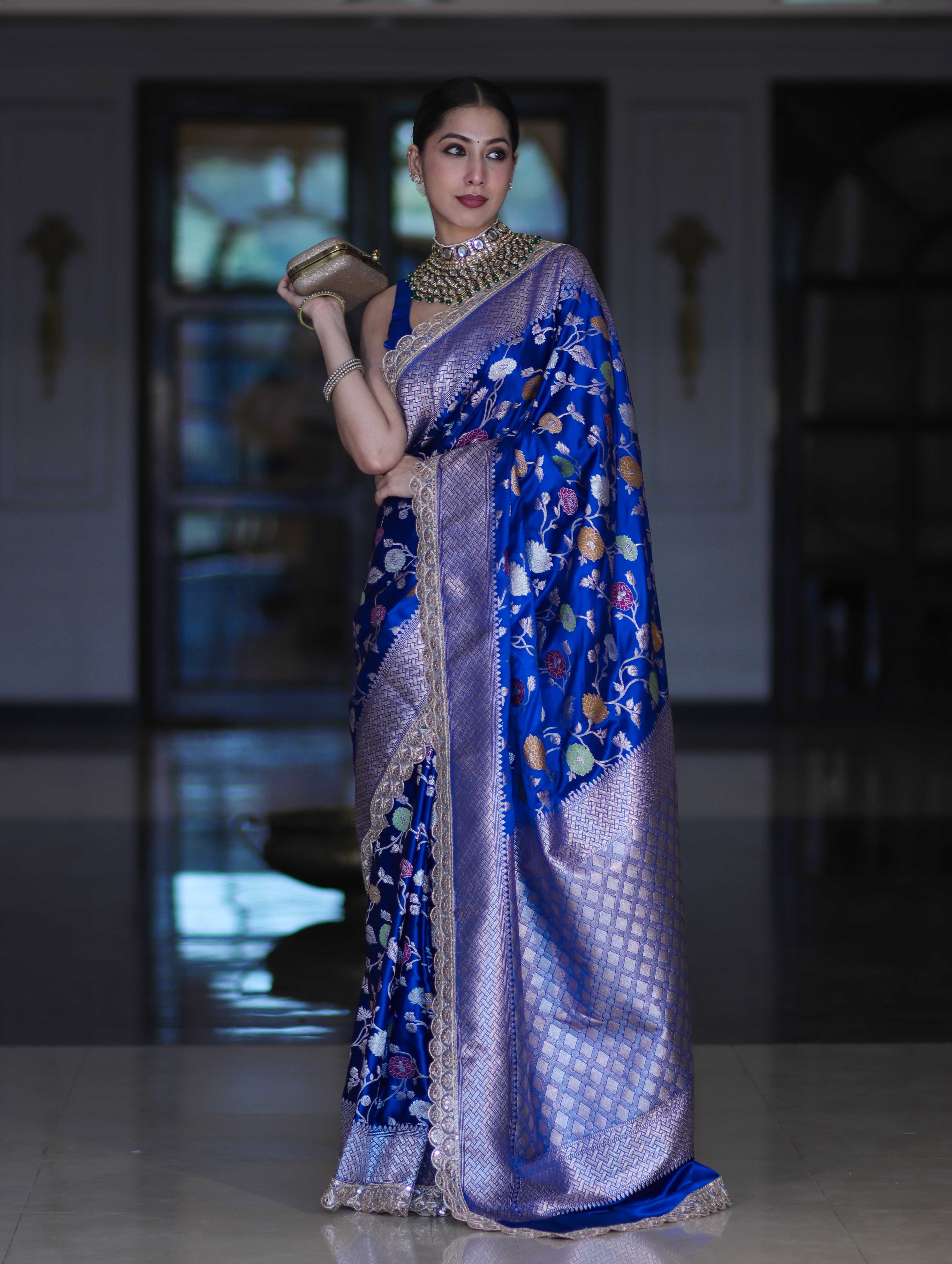 Banarasee Handloom Mashru Silk Saree With Jaal Design & Lace Border-Deep Blue