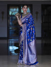 Banarasee Handloom Mashru Silk Saree With Jaal Design & Lace Border-Deep Blue