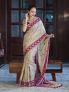 Banarasee Handwoven Semi-Tussar Saree With Resham Work & Geometric Border-Beige & Magenta