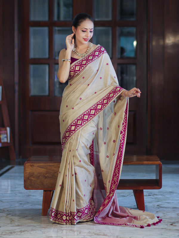 Banarasee Handwoven Semi-Tussar Saree With Resham Work & Geometric Border-Beige & Magenta