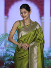 Banarasee Handwoven Plain Semi Katan Saree With Broad Zari Border-Lime Green