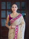 Banarasee Handwoven Semi-Tussar Saree With Resham Work & Geometric Border-Beige & Magenta
