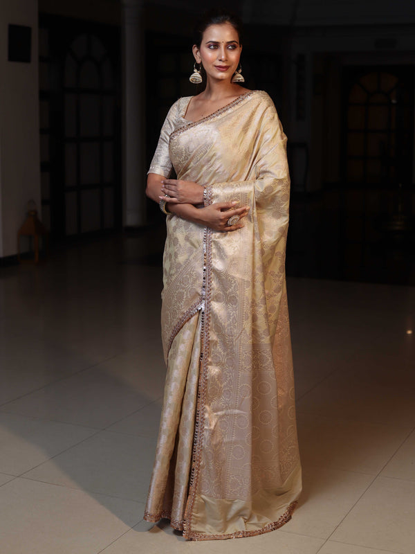 Banarasee Handwoven Semi Silk Saree With Zari Jaal Design & Lace-Beige