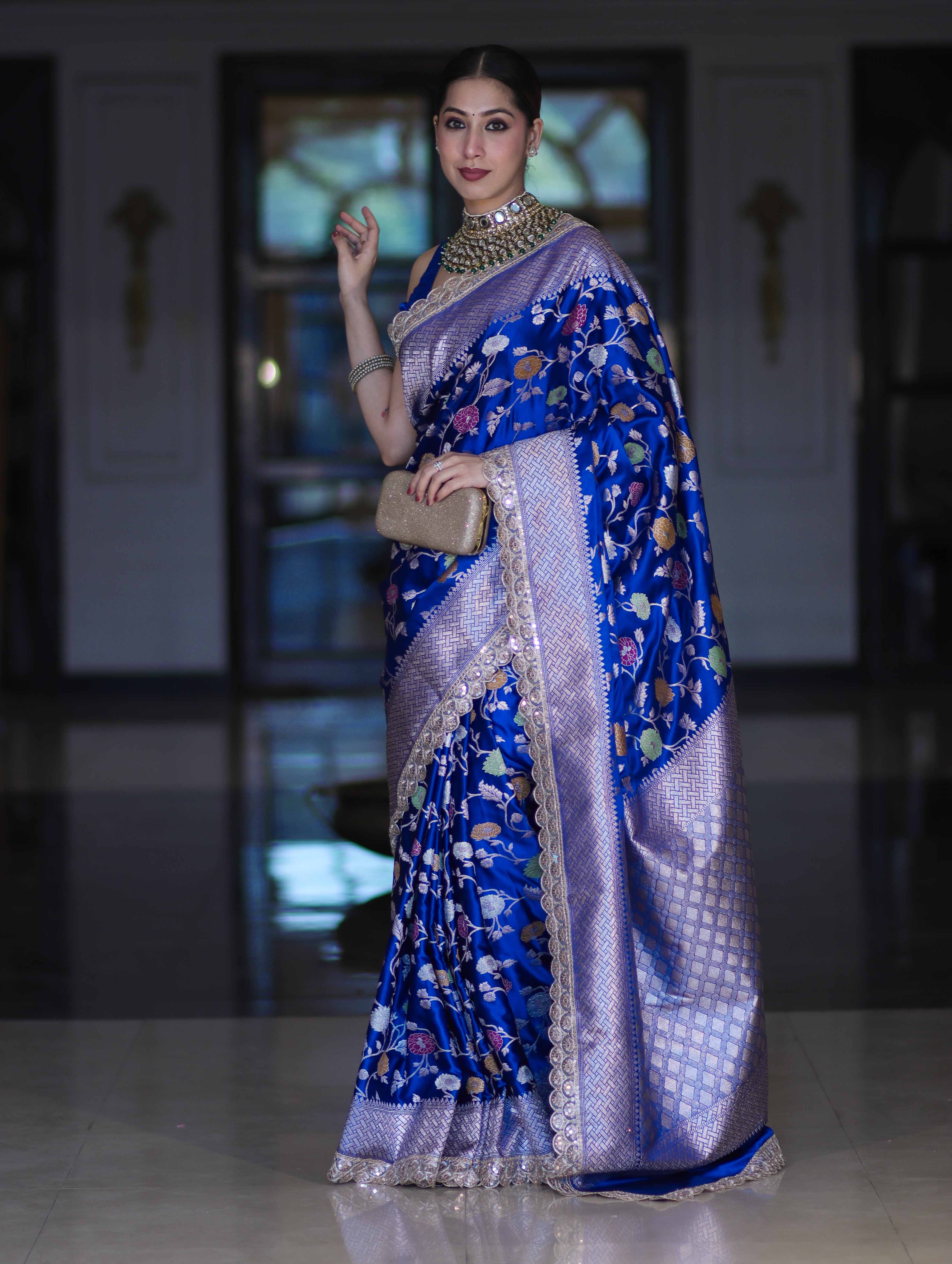 Banarasee Handloom Mashru Silk Saree With Jaal Design & Lace Border-Deep Blue