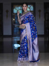 Banarasee Handloom Mashru Silk Saree With Jaal Design & Lace Border-Deep Blue