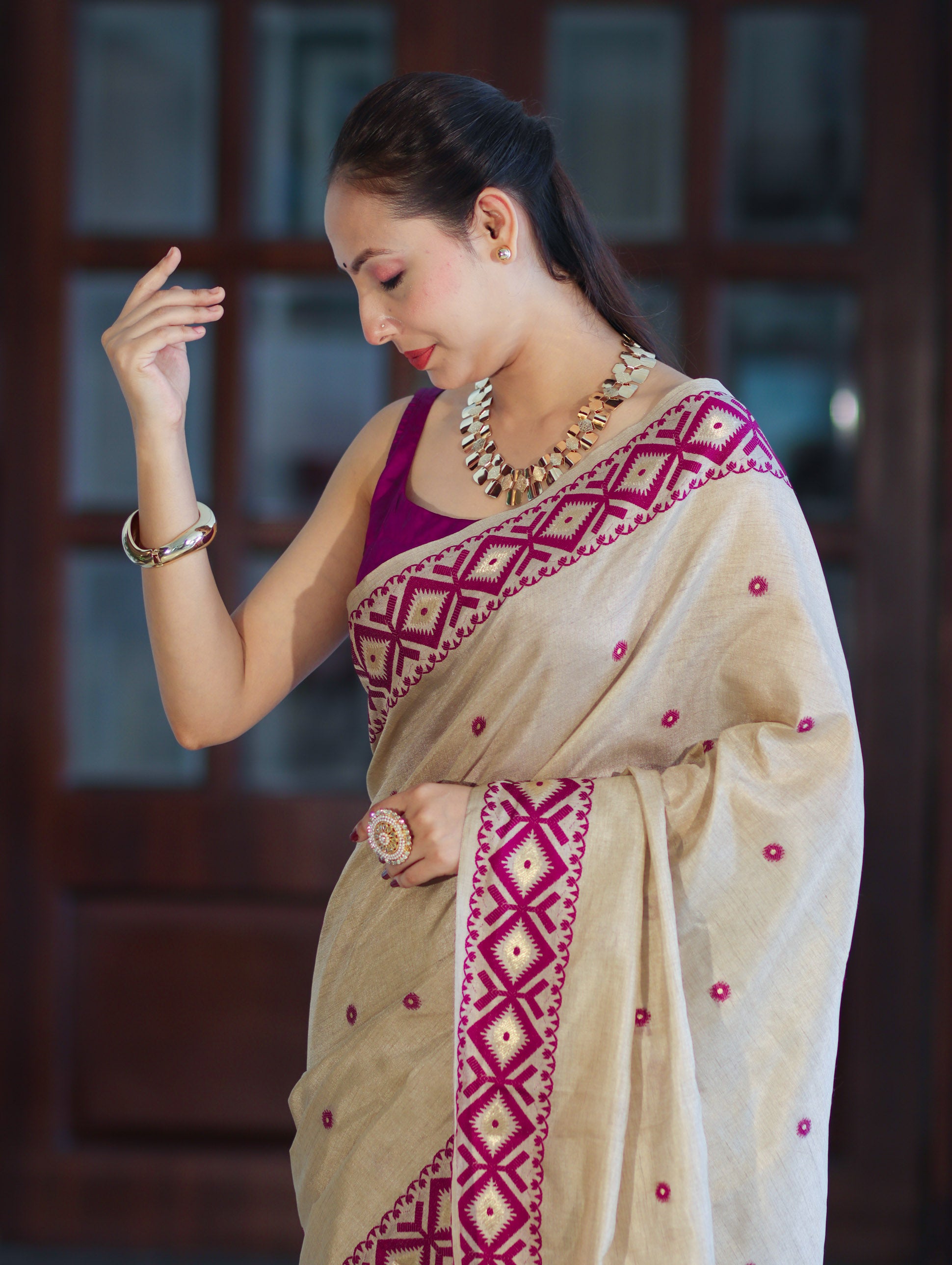 Banarasee Handwoven Semi-Tussar Saree With Resham Work & Geometric Border-Beige & Magenta