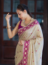Banarasee Handwoven Semi-Tussar Saree With Resham Work & Geometric Border-Beige & Magenta