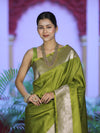 Banarasee Handwoven Plain Semi Katan Saree With Broad Zari Border-Lime Green