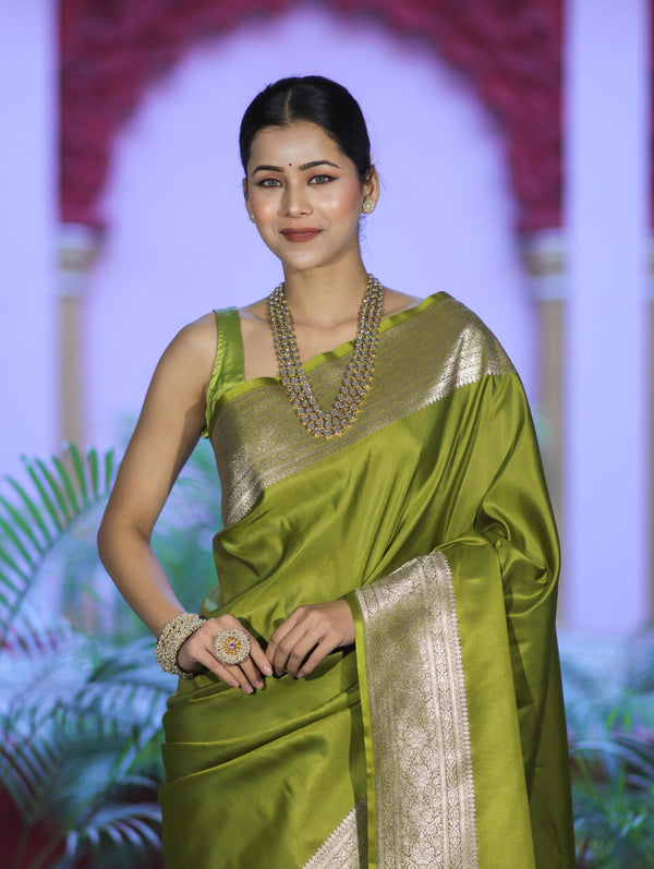 Banarasee Handwoven Plain Semi Katan Saree With Broad Zari Border-Lime Green
