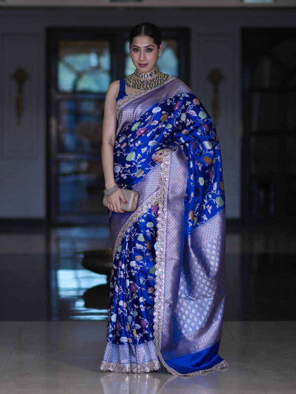 Banarasee Handloom Mashru Silk Saree With Jaal Design & Lace Border-Deep Blue