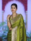Banarasee Handwoven Plain Semi Katan Saree With Broad Zari Border-Lime Green