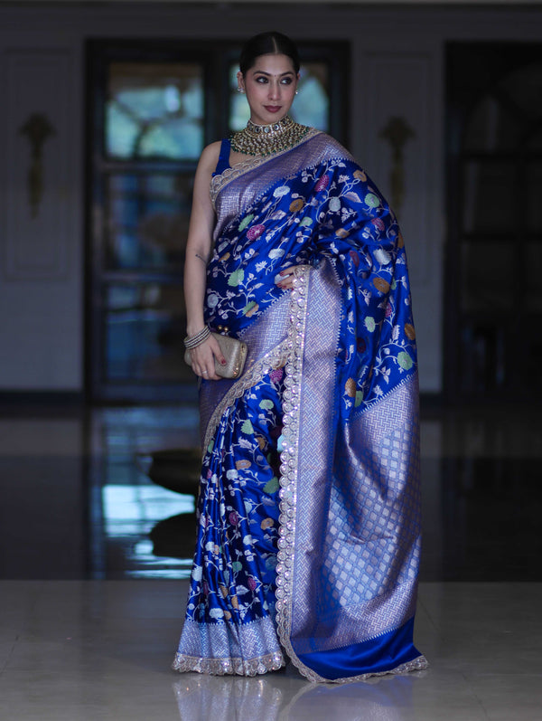 Banarasee Handloom Mashru Silk Saree With Jaal Design & Lace Border-Deep Blue
