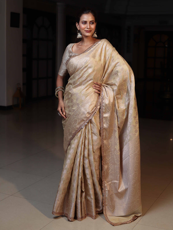 Banarasee Handwoven Semi Silk Saree With Zari Jaal Design & Lace-Beige