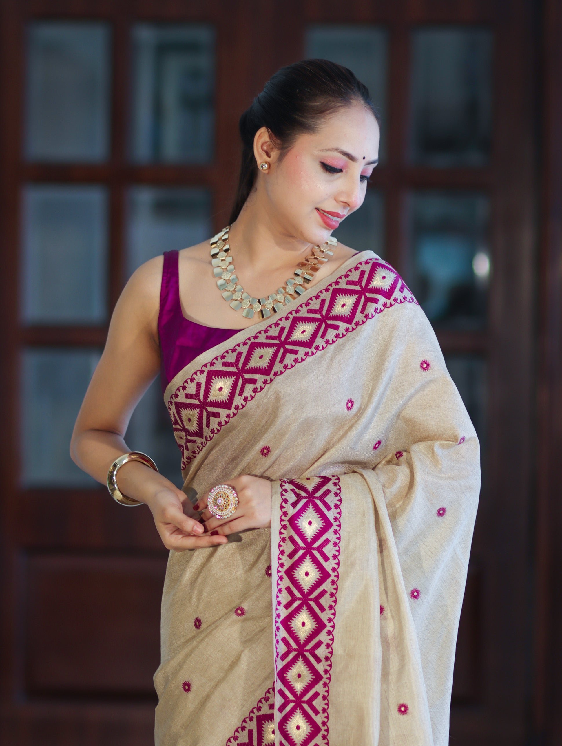 Banarasee Handwoven Semi-Tussar Saree With Resham Work & Geometric Border-Beige & Magenta