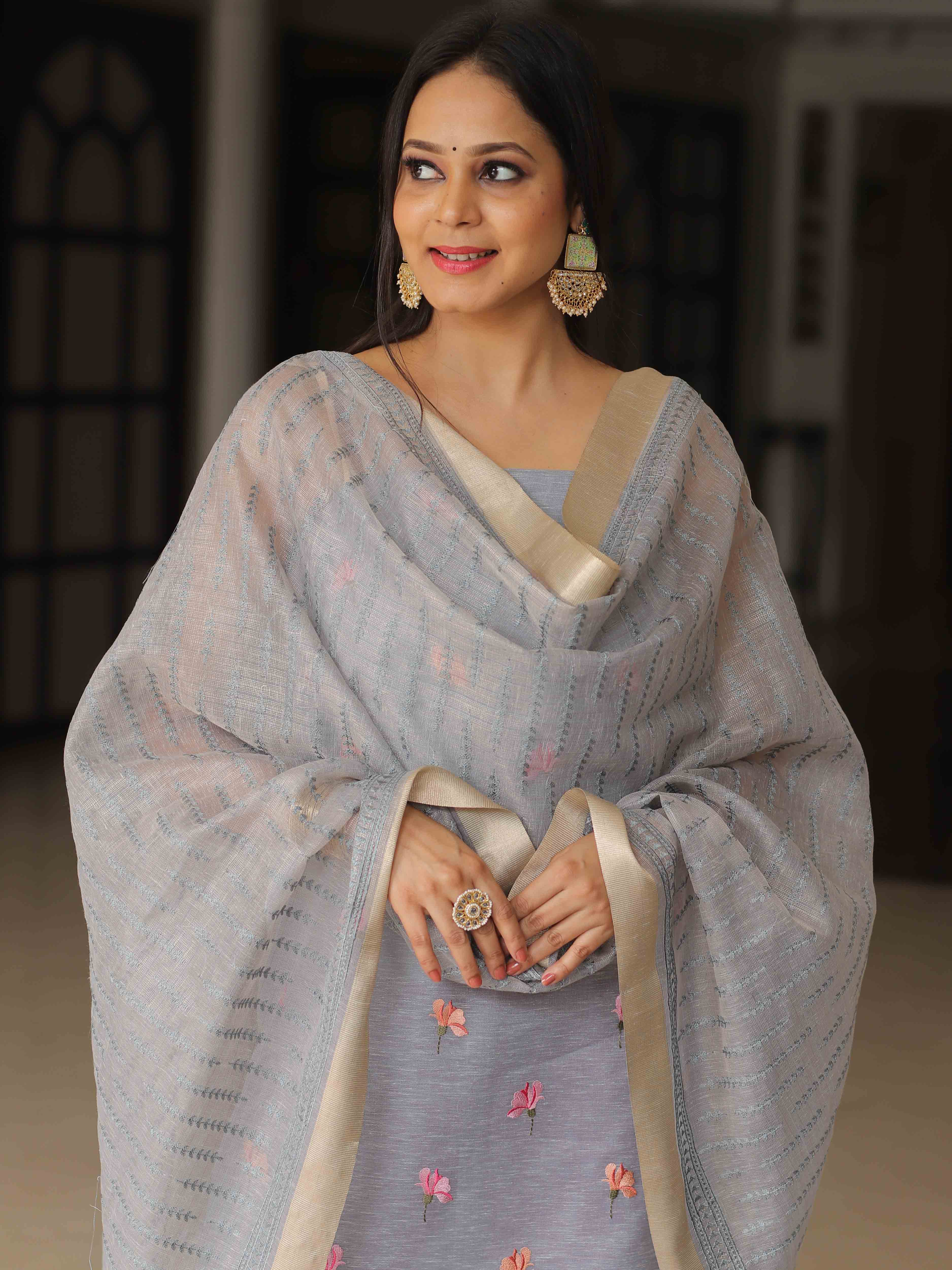 Banarasee Embroidered Linen Cotton Salwar Kameez With Dupatta-Grey