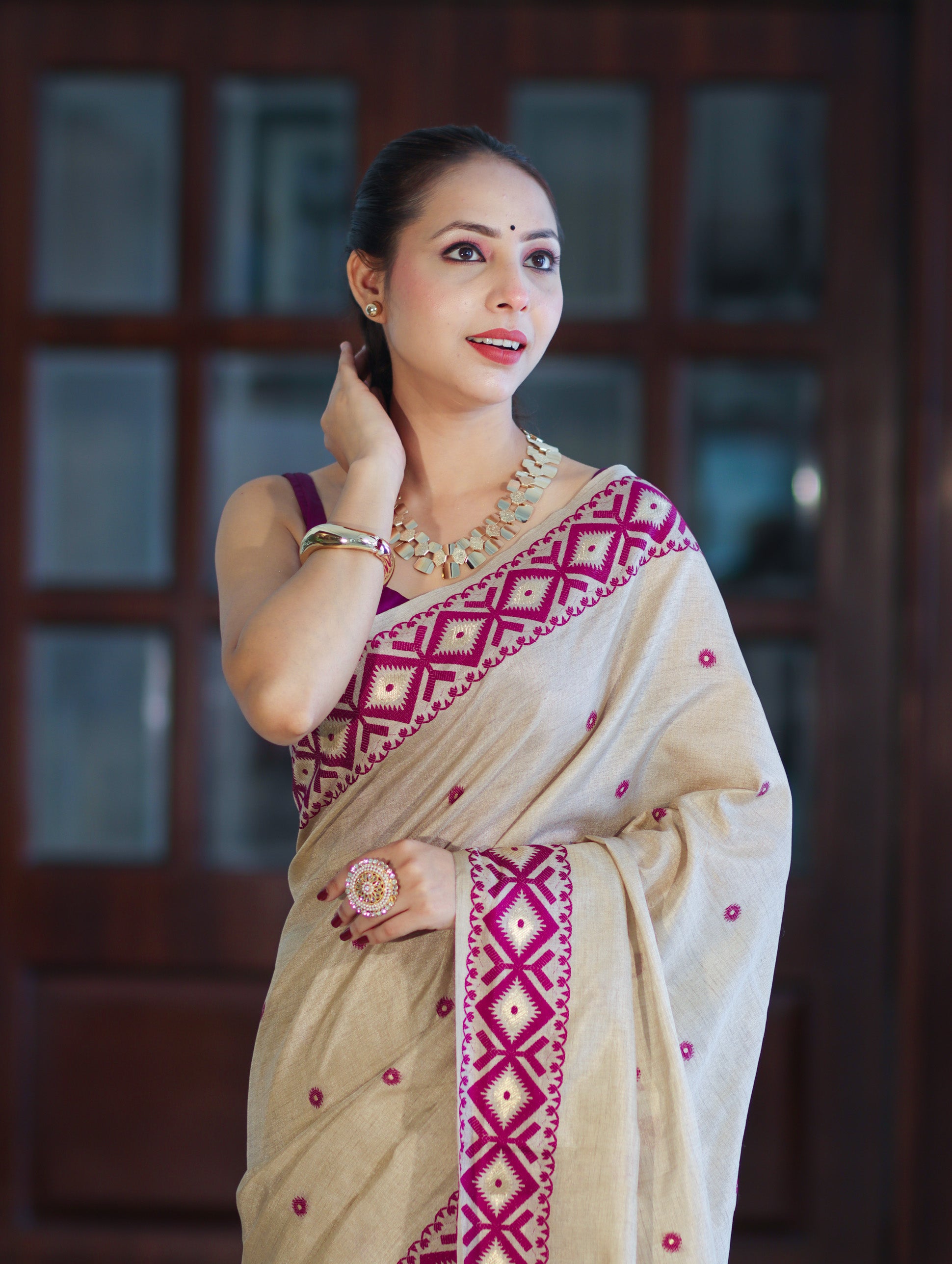 Banarasee Handwoven Semi-Tussar Saree With Resham Work & Geometric Border-Beige & Magenta