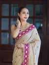 Banarasee Handwoven Semi-Tussar Saree With Resham Work & Geometric Border-Beige & Magenta