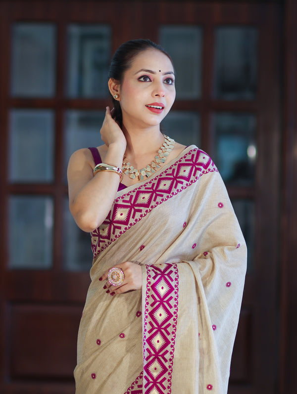 Banarasee Handwoven Semi-Tussar Saree With Resham Work & Geometric Border-Beige & Magenta