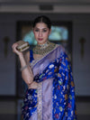 Banarasee Handloom Mashru Silk Saree With Jaal Design & Lace Border-Deep Blue