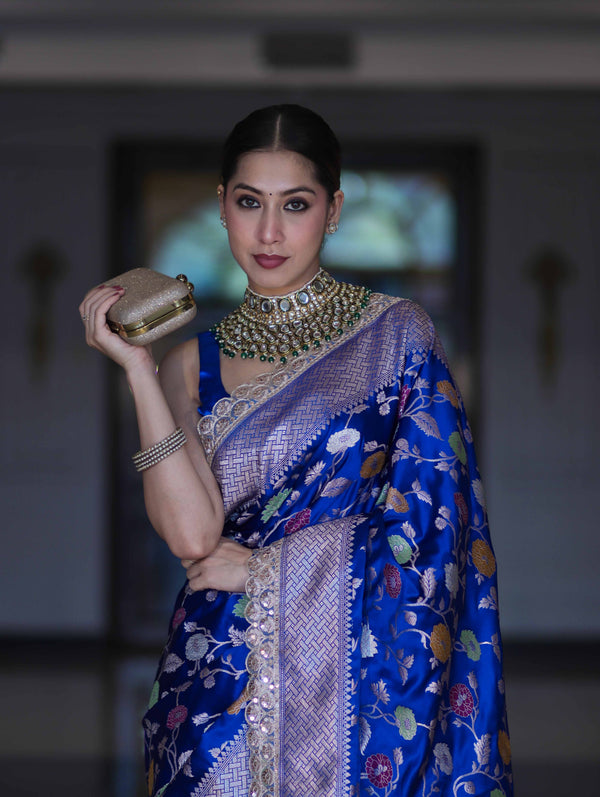 Banarasee Handloom Mashru Silk Saree With Jaal Design & Lace Border-Deep Blue