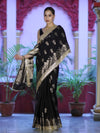 Banarasee Handloom Soft Silk Saree With Trishul Design Ganga Ghat Border & Lace-Black