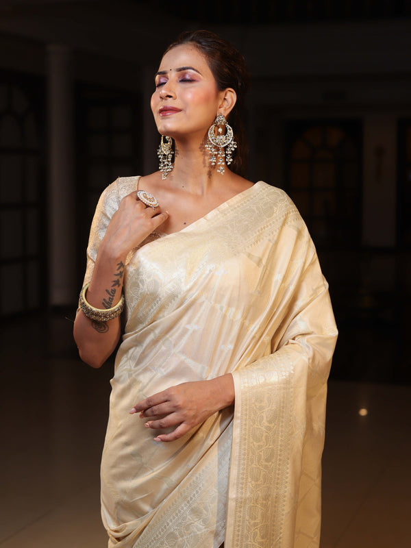 Banarasee Handwoven Semi Silk Saree With Silver Zari Jaal Design-Beige