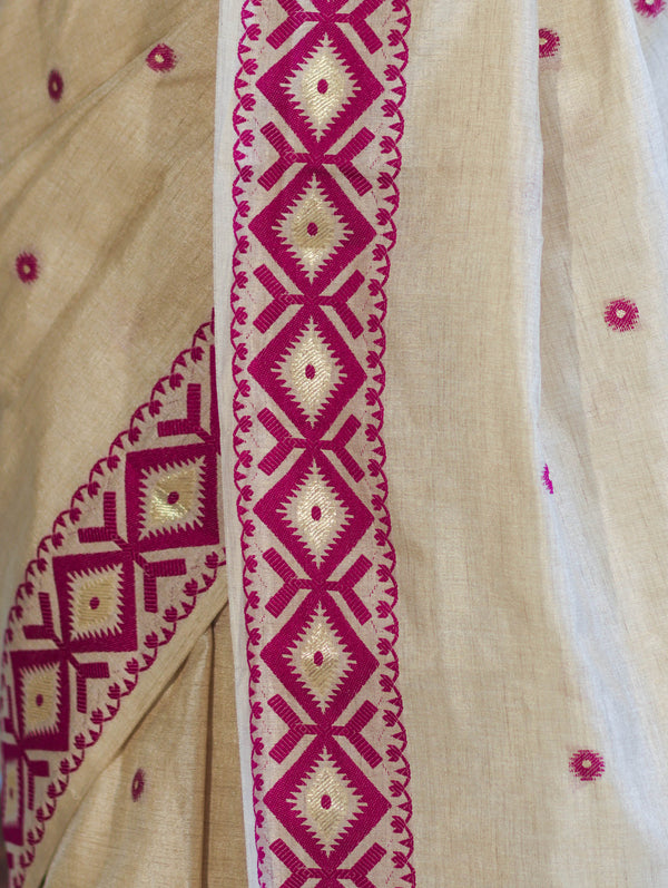 Banarasee Handwoven Semi-Tussar Saree With Resham Work & Geometric Border-Beige & Magenta