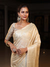 Banarasee Handwoven Semi Silk Saree With Silver Zari Jaal Design-Beige