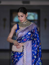 Banarasee Handloom Mashru Silk Saree With Jaal Design & Lace Border-Deep Blue