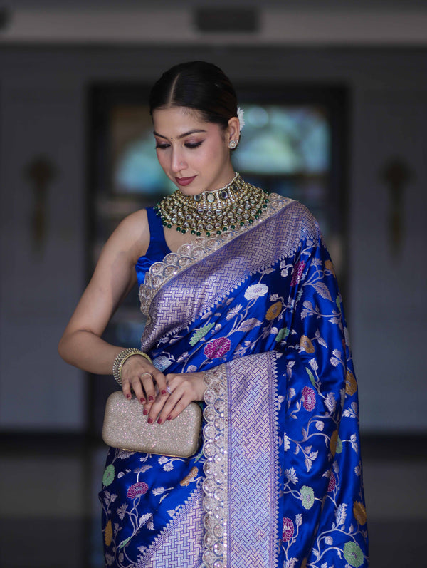 Banarasee Handloom Mashru Silk Saree With Jaal Design & Lace Border-Deep Blue