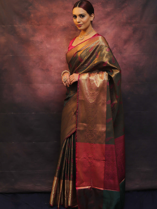 Banarasee Handwoven Contrast Border Soft Tissue Saree-Green