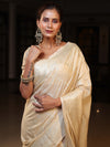 Banarasee Handwoven Semi Silk Saree With Silver Zari Jaal Design-Beige