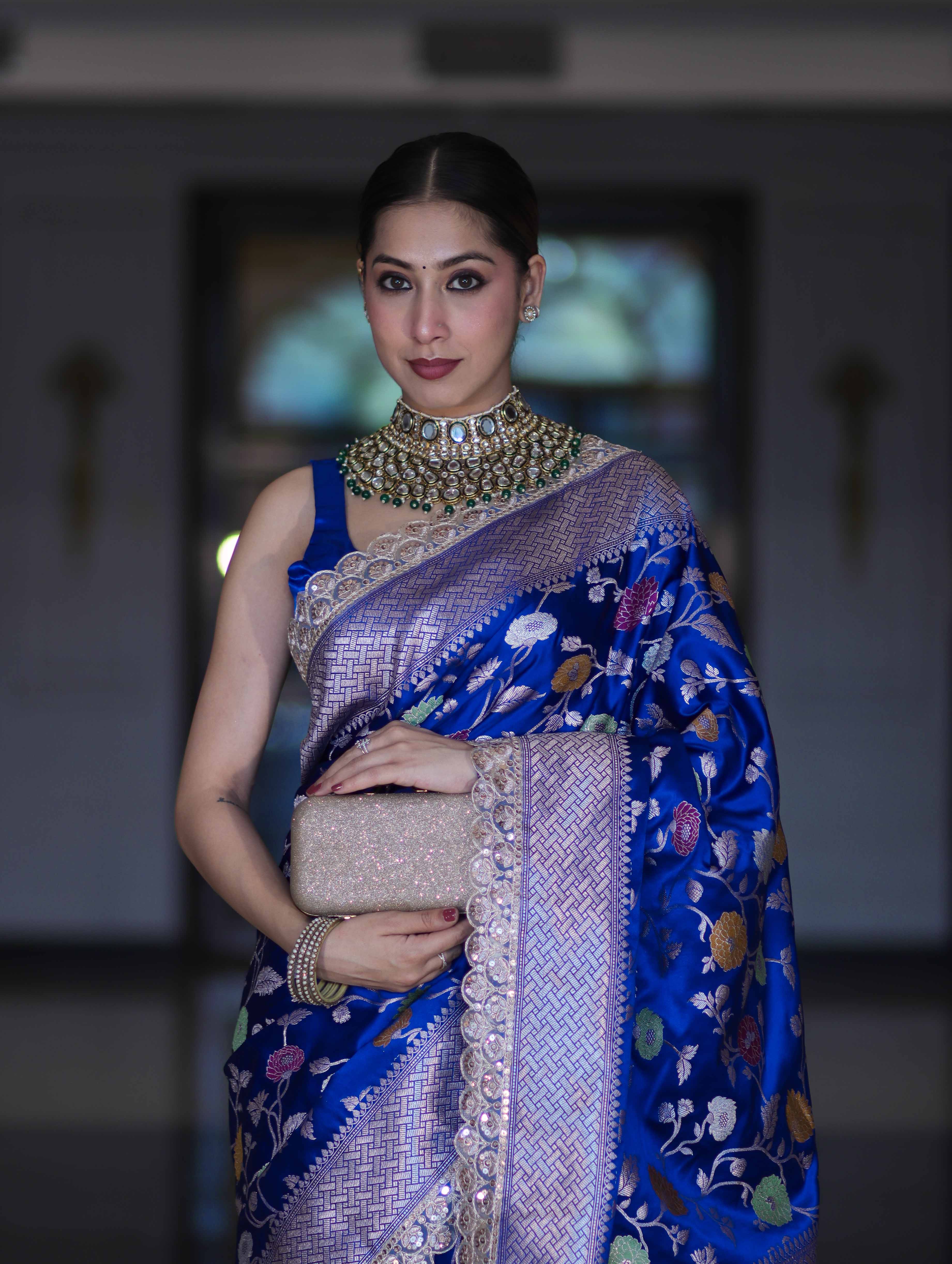 Banarasee Handloom Mashru Silk Saree With Jaal Design & Lace Border-Deep Blue