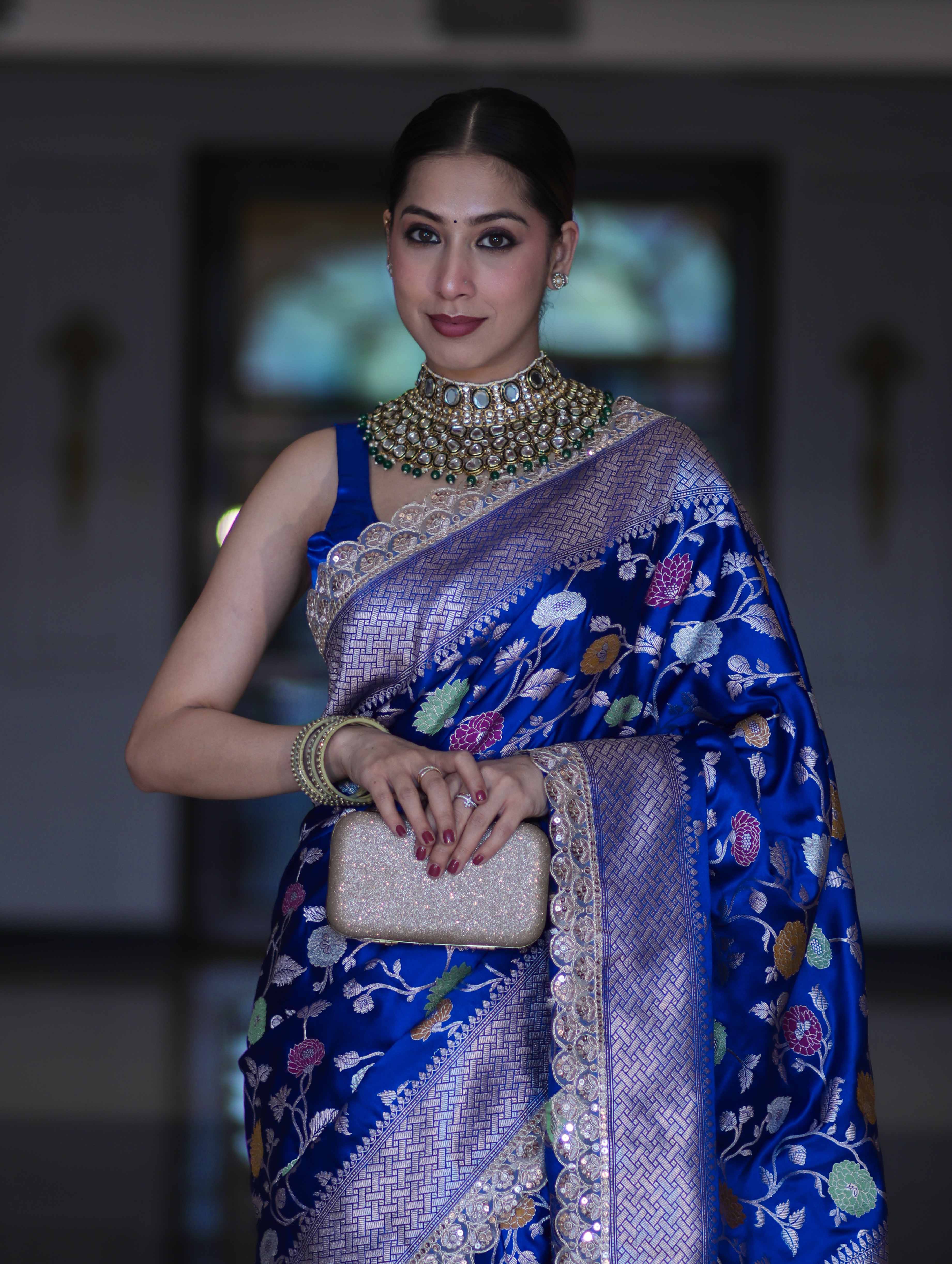 Banarasee Handloom Mashru Silk Saree With Jaal Design & Lace Border-Deep Blue