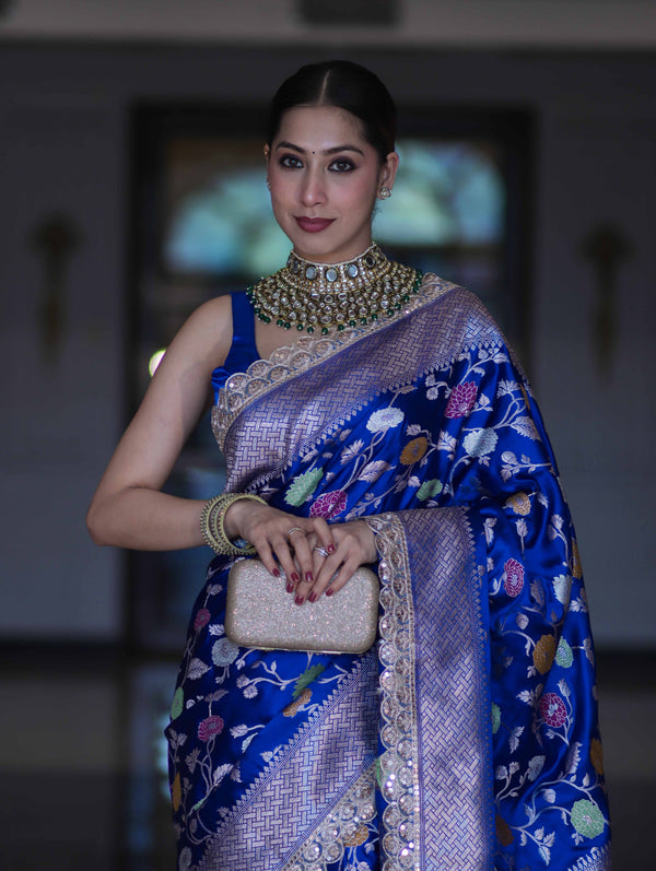 Banarasee Handloom Mashru Silk Saree With Jaal Design & Lace Border-Deep Blue