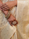 Banarasee Handwoven Semi Silk Saree With Silver Zari Jaal Design-Beige