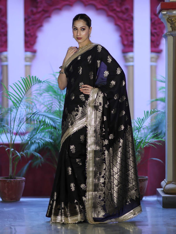 Banarasee Handloom Soft Silk Saree With Trishul Design Ganga Ghat Border & Lace-Black