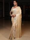 Banarasee Handwoven Semi Silk Saree With Silver Zari Jaal Design-Beige