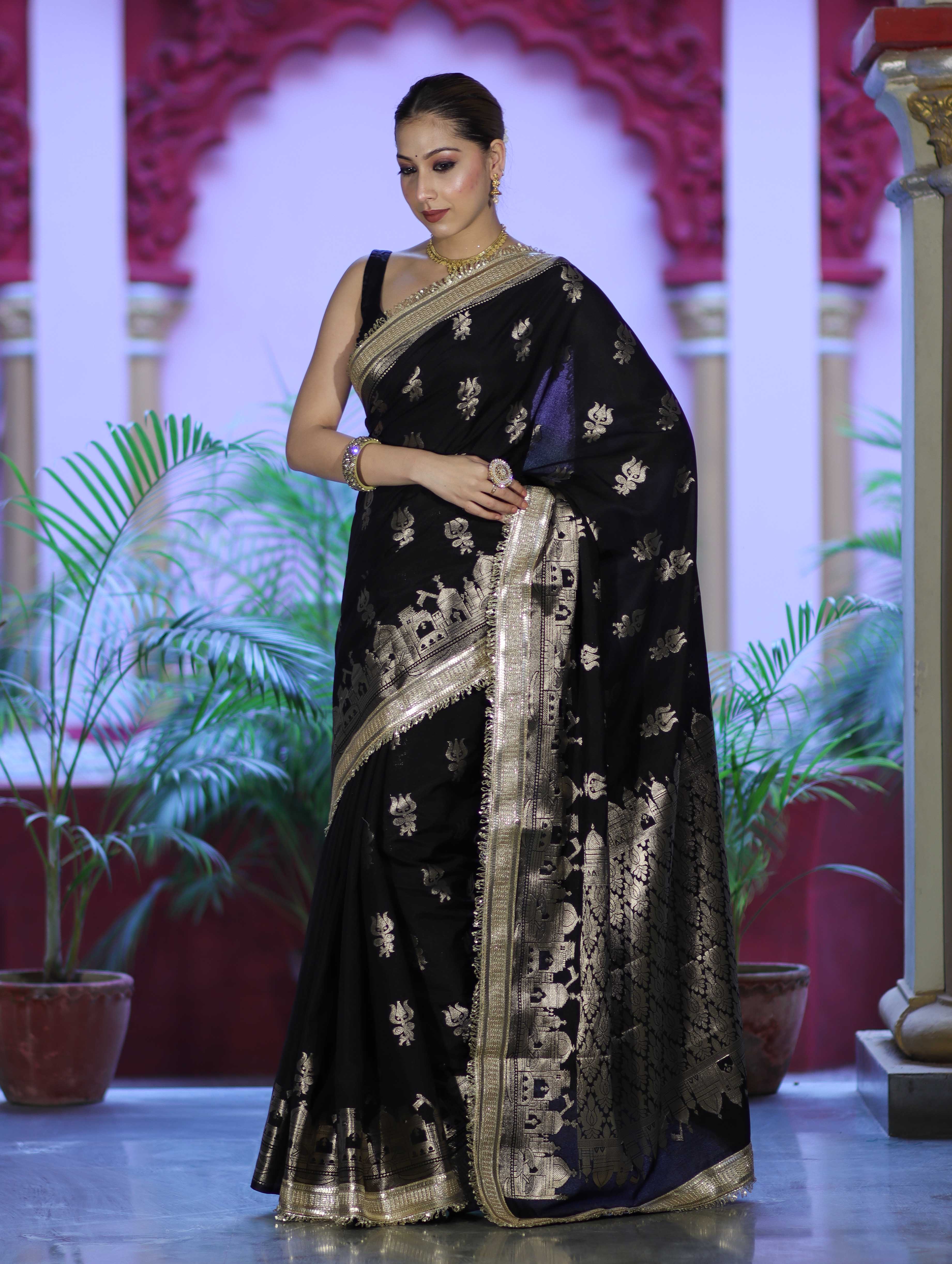 Banarasee Handloom Soft Silk Saree With Trishul Design Ganga Ghat Border & Lace-Black