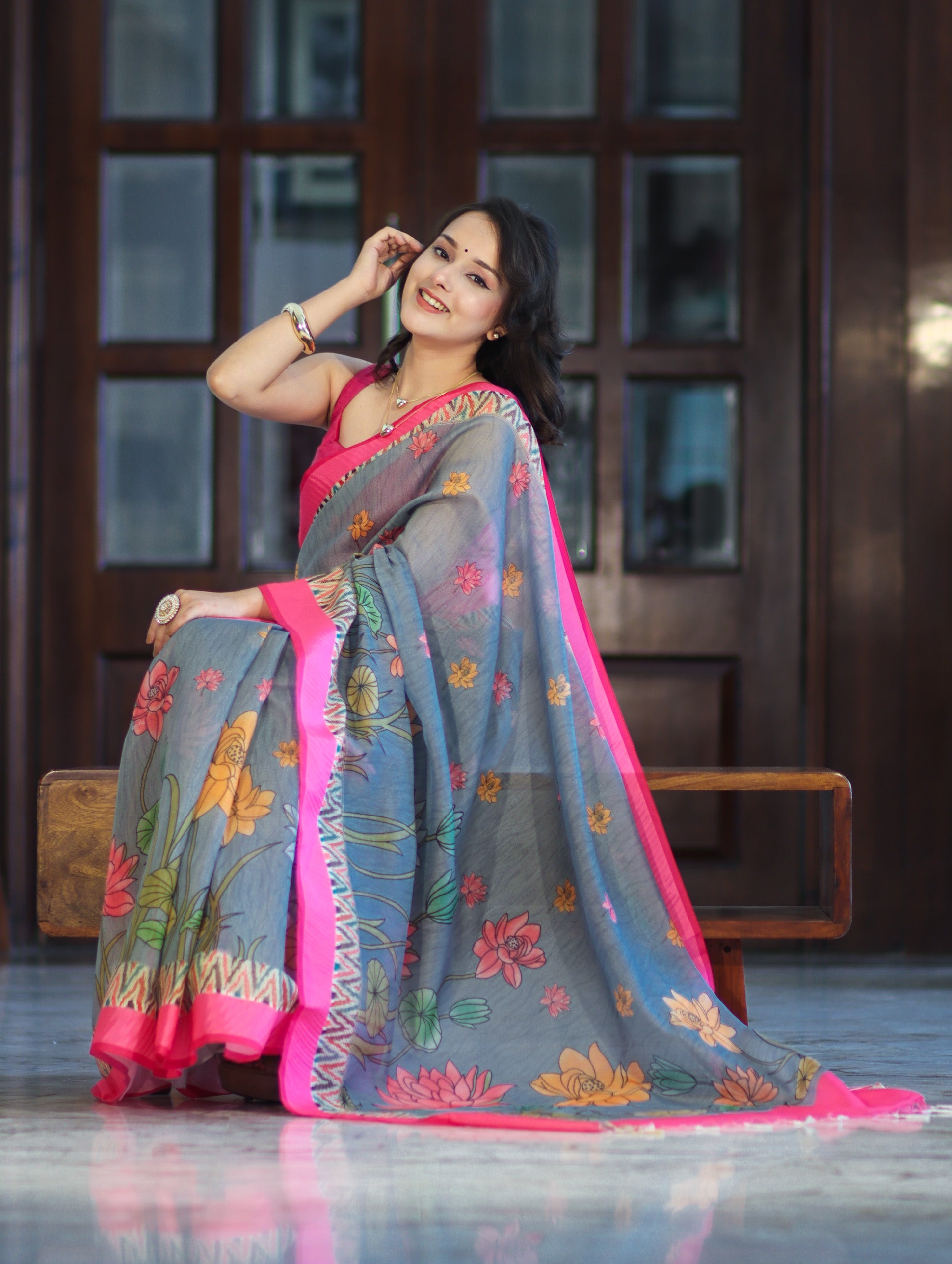 Banarasee Handloom Cotton Silk Saree With Digital Floral Prints & Contrast Border-Grey